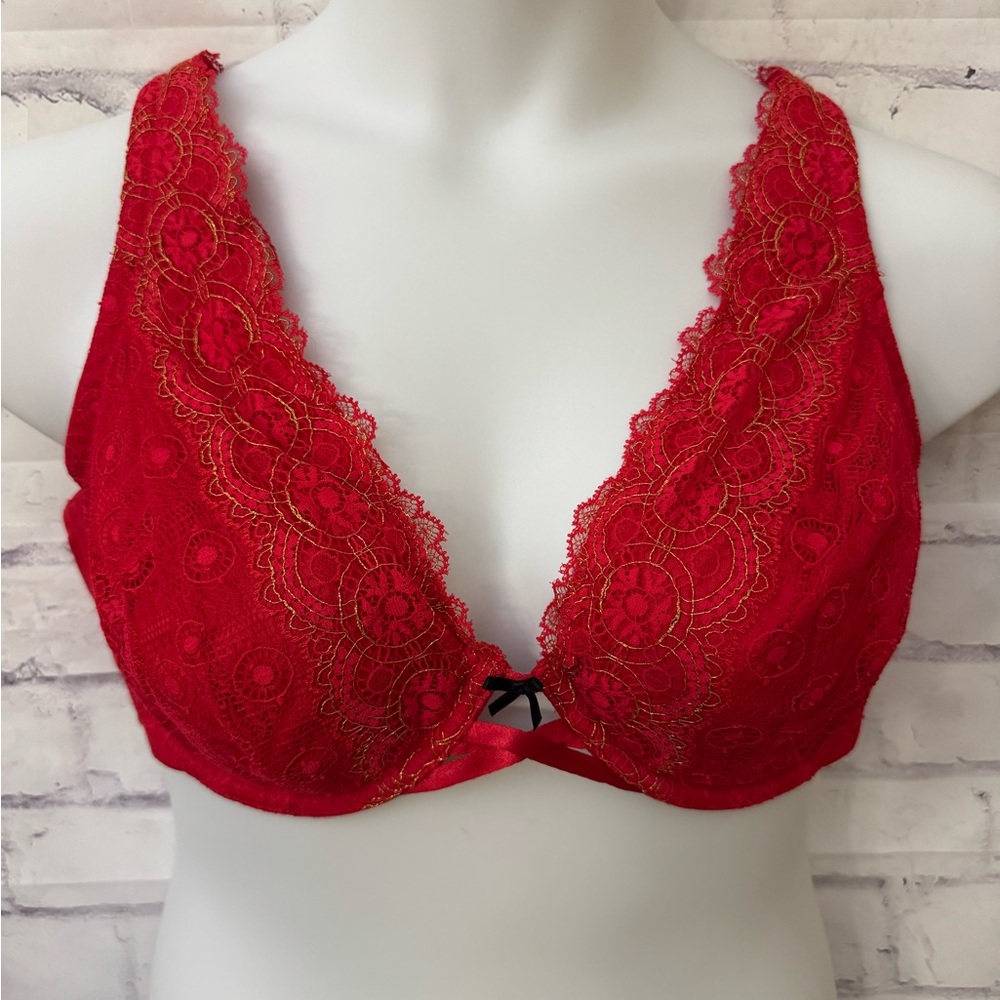 Cacique Plunge Bra Size 42DD Red Gold Underwire Lace Sexy Bow Lingerie‎